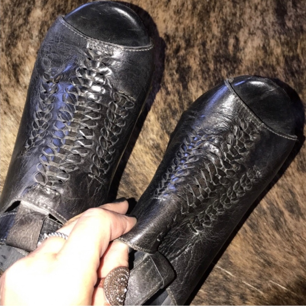 Bed Stu Black Leather Wedge Sandals
